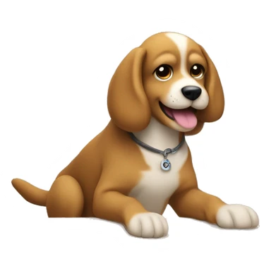 a cute dog sitting in front of a display at a a computer. typing in some text with his paws. head looking back. sticker