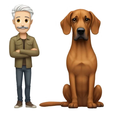 white man with long rainbow colored hair and twisted mustache next to a brown rhodesian ridgeback sticker