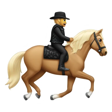  A Palomino horse running with a black sequin rug on his back and a brown rider on his back without a helmet dressed in black pants and a vest  sticker