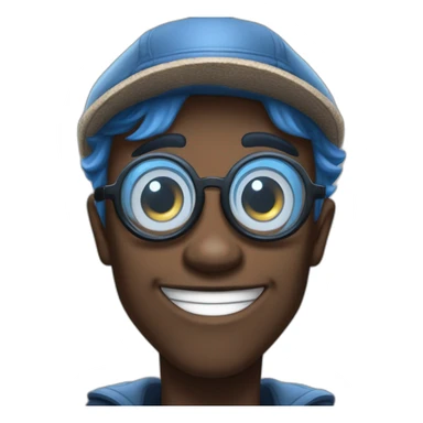 tobi lutke as megamind with blues eyes glasses and newsboy hat sticker
