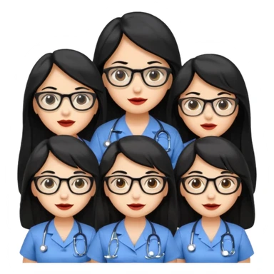 Genera emogis de 4 cuatro enfermeras de cabello negro largo, entre ellas que una tenga lentes y otra un lunar encima de los labios sticker