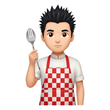 big boy with black spiky hair styled upward, wearing a white apron with red squares pattern sticker