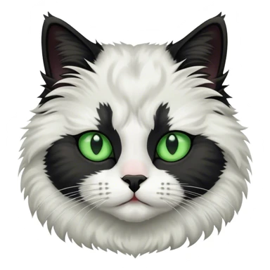 This fluffy cat has a black and white coat with a white face marked by a black patch over the forehead, bright green eyes, and a black nose bridge sticker
