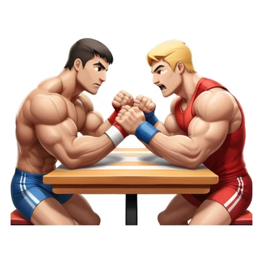 Two strong competitors locked in an intense arm wrestling match, muscles tensed as they battle for victory. The table is well-lit, showcasing their focused expressions and powerful arm grips. The background features a competitive arena with a cheering crowd. Transparent background. sticker