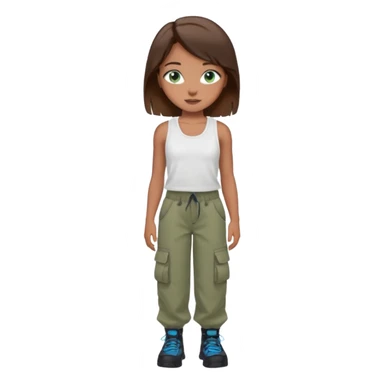 Girl with brown hair that looks black with blue like green eyes with beauty marks and braces wearing a white tanktop and baggy cargo pants sticker