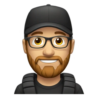 White male with headphones, clear glasses, black cap and brown beard sticker