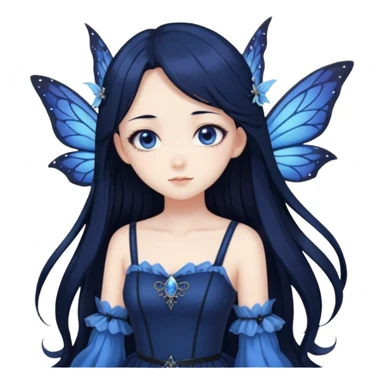 Gothic anime fairy with long beautiful black hair and dark blue dress, pastelcore, sticker