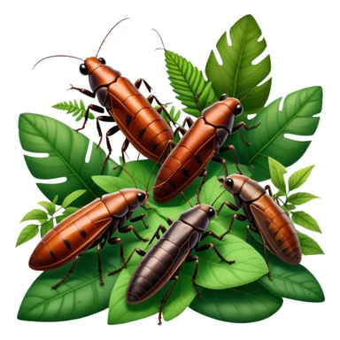 Close-up of giant Madagascar hissing cockroaches, butterflies, and stick insects in their natural habitat. The insects are shown in detail, highlighting their unique textures and colors, surrounded by plants and leaves. Soft lighting to enhance their features. Transparent background. sticker