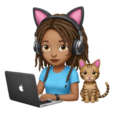 black girl with dreads who works remotely through a laptop with headphones that have plastic cat ears connected to the headphones.  sticker