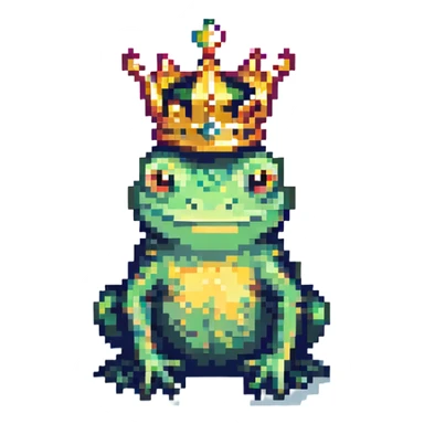 pixel art crowned frog standing, gold crown, green body, no background sticker