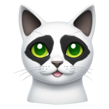 Black cat with a black face, a white stripe down his nose, green eyes, cuts in his ears, and a white chest v shape. Thee should be a small patch of white under the noise, above the lip sticker