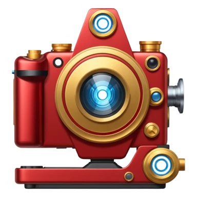 🎬🤖 Create a video project icon inspired by Iron Man: a sleek film camera with metallic red and gold accents, glowing with blue arc reactor energy. sticker