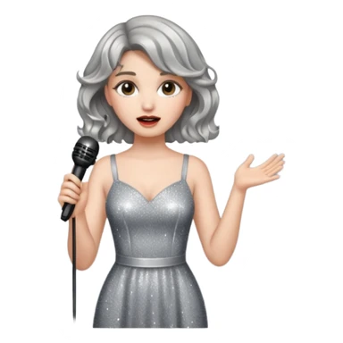 A short wavy female singer in sparkling dress holding a mic with emotional expression sticker