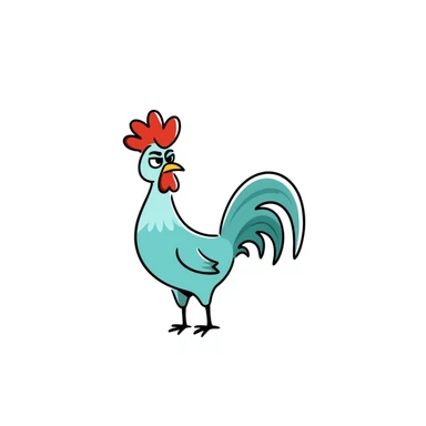 A silly cross-eyed rooster chicken with bright blue-green feathers, red comb, long neck, skinny legs, and confused expression sticker