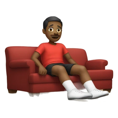 The image show a legs sitting on couch. They are wearing a dirty socks and red shorts. Their legs are extended, with one foot closer to the camera. The person is wearing white socks with black text near the top, one of which is on the floor. sticker