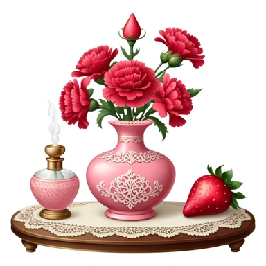 An ornate glass perfume bottle in Petal Pink with a vintage atomizer rests on an antique lace-covered table. Vibrant Strawberry Red carnations spill from a porcelain vase nearby, their fragrance mingling with the soft floral scent of the perfume.  sticker