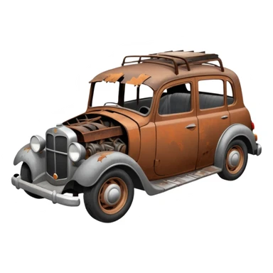 Side view of a broken-down old car with steam from the open bonnet, shattered windows, rusted doors, a flat tire, dents, peeling paint, and a grimy, neglected look. sticker