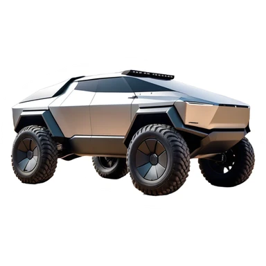 Tesla Cybertruck - A futuristic Tesla Cybertruck, angular and geometric with a sharp, triangular body shape. Stainless steel exoskeleton with a raw, unpainted, brushed-metal finish. A sleek, narrow LED light bar stretches across the entire front. Large, rugged off-road tires with exposed wheel arches. Smooth, handle-free doors and a slanted, armored rear with a retractable tonneau cover. Rear LED strip mirroring the front. The vehicle looks like a sci-fi-inspired, bulletproof stealth tank on wheels, set in a high-tech urban environment at sunset, with reflections on its metallic surface. sticker