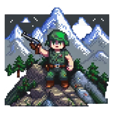 Small pixelated character with a gun shooting at a mountain with enemies sticker