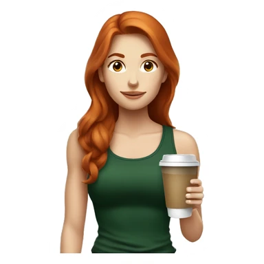 Redhead fitness girl in dark green top with coffee sticker