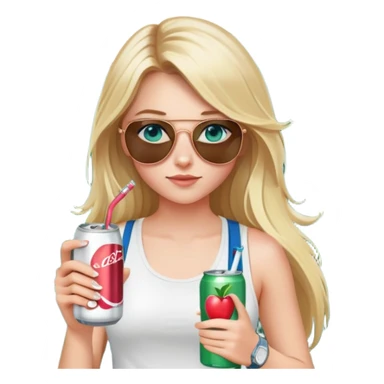 girl with long blond hair
with blue eyes
and aviator sunglasses
wearing white tank top 
holding one soda can without straw
wearing (rose gold apple watch with forest green band) sticker