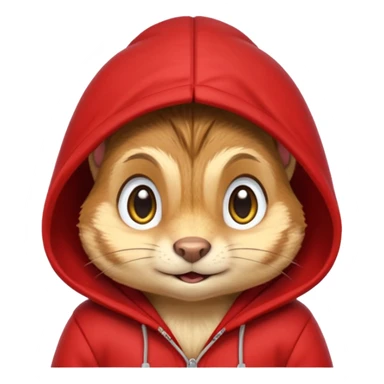 Portrait of a cute cartoon chipmunk with light brown and beige fur, wearing a red hoodie no zip with a yellow 'A' on it, big round eyes, small nose, and a mischievous grin, front-facing, stylized in animated movie style sticker