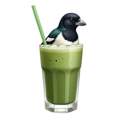 It’s an Australien Magpie sitting on an iced matcha latte on the edge of the glass. It has green matcha on its beak indicating it drank. The iced matxha latte is in a see through glass and white from the oat milk on the bottom and green on top…and there is a straw in the drink and ice cubes sticker