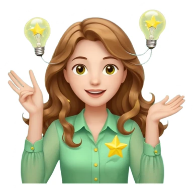 Joyful and imaginative woman with fair skin, long wavy light brown hair, hazel eyes, wearing a light green blouse with yellow accents, holding a glowing lightbulb and gesturing outward. Surrounded by stars, sparkles, speech bubbles, a paper plane, and a small heart. Waist-up, front-facing sticker