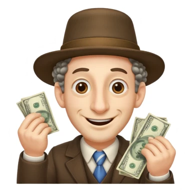 Jewish man with a big nose having his hands clenched together while smiling when he sees money , add the side curls and the funny hat , add the side curls please c sticker