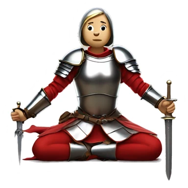 Joan of arc in medieval armor kneels, looking upward, with hands resting on a sword. They're dressed in a red garment under the armor. sticker