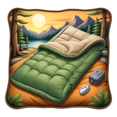 Cinematic Realistic Sleeping Bag, plush and slightly wrinkled, rich fabric texture catching the firelight, glowing with warmth and inviting coziness, nestled within a peaceful campsite. sticker