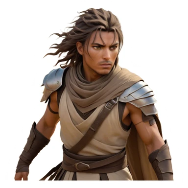 Cinematic Realistic Nomad Portrait, captured in a dynamic, battle-ready stance, body poised with agility and readiness beneath layered, weather-worn desert robes and light armor designed for swift movement and adaptability. His piercing eyes and rugged, sun-scorched features are accentuated by windswept hair and a faint layer of sand, rendered with dramatic natural lighting and high shine. A blend of muted earth tones and faded fabrics tell stories of distant travels and survival against harsh elements. He exudes an aura of cunning, resilience, and fierce independence, embodying the spirit of a wanderer who thrives on the edge of civilization. sticker