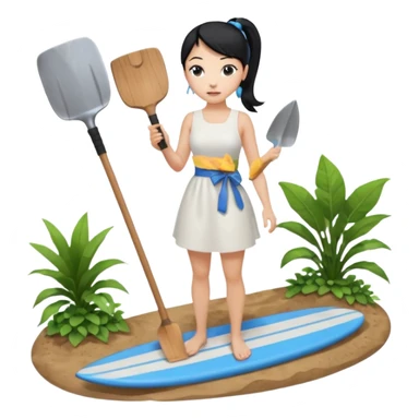 Princess who wearing white dress (woman) black ponytail hair holding her cellphone and  one garden shovel with another hand. She is standing on her feet, there is one blue surfing board under her feet. She is looking at her phone sticker