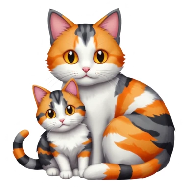 full body dark grey and white cat cuddling a colourful light patched calico + white tabby cat  sticker