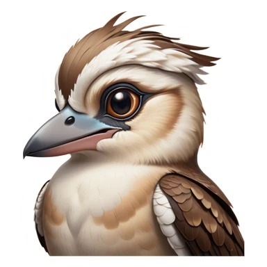 Cinematic Noble Kookaburra Portrait Emoji, Poised and regal, with a stout, robust build and a striking plumage of earthy browns and creams, a strong beak and deep-set soulful eyes, Simplified yet sharp and sophisticated features, highly detailed, glowing with a soft, dignified glow, high shine, intelligent and exuberant, stylized with an air of native woodland majesty, focused and attentive, soft glowing outline, capturing the essence of a watchful and confident bird, so majestic it feels as though it could laugh out of the screen with effortless authority! sticker