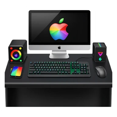 rgb gaming computer on black desk with a black keyboard and mouse sticker