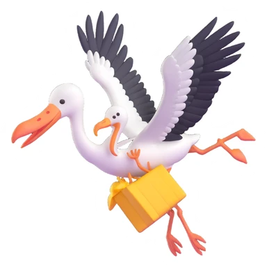 stork flying with a human baby in a bundle, stork looking proud sticker