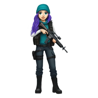 Girl, white skin, tactical vest, dark pants, long teal hair, blue eyes, purple beanie, gun, black combat boots sticker