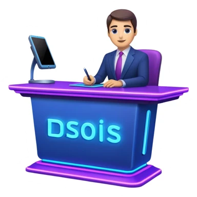 news anchor desk with neon glow effect, blue neon glow on top left, purple neon glow on bottom right sticker