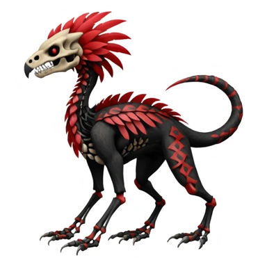 Rare realistic dark edgy evil tribal patterned red-feathered skeletal badass epic handsome gorgeous aesthetic black-skulled Vernid-Trico-Sergal-species-Fakemon-creature by LiLaiRa, 4 legs, 1 tail, random markings, (full body) sticker