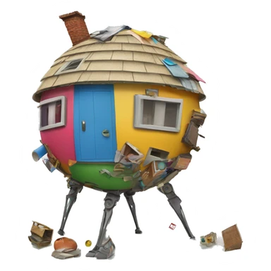 multiple random colored pieces of junk creating a walking circular house on four tall legs  sticker