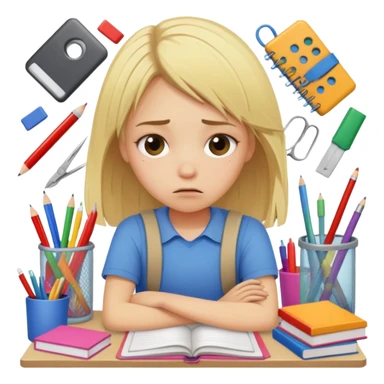 blonde straight-haired girl looking tired and frazzled, surrounded by messy school supplies, survival mode, last month of school sticker