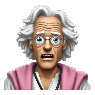 Doc brown from back to the future looking shocked and his mouth wide open. No eye-ware. Wearing a silver robe with black trim and a pink shirt with white tiez sticker