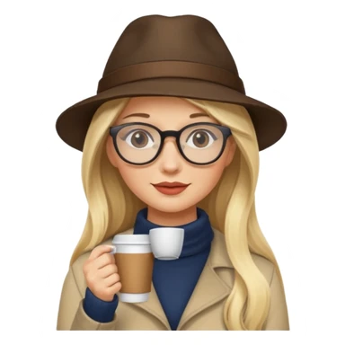 long hair blonde woman drink coffe with hat and glasses sticker
