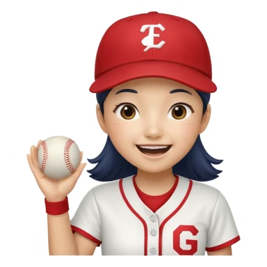 a korean girl cheering her favorite baseball team, wearing the team uniform, baseball cap, and holding baseball sticker