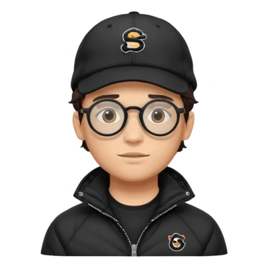 Young man wearing a black puffer jacket, black baseball cap with a small logo, round black glasses, wavy hair peeking out from under the  sticker