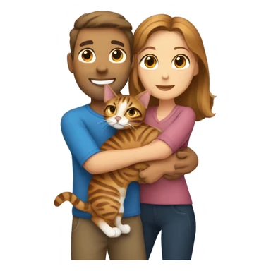 A man hugs a brown-haired woman and a bengal cat sticker