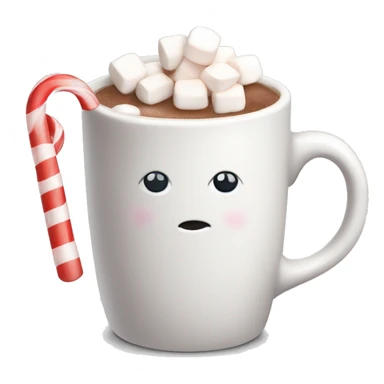 a white mug with hot cocoa that has marshmallows and a candy cane sticker