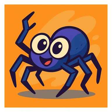 animated style spider with big eyes and dynamic pose on an orange-gray background sticker