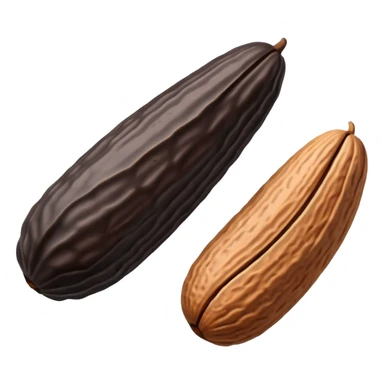 single or small cluster of Tonka beans with wrinkled, elongated almond-like shapes, deep brown to black color, textured slightly glossy surface with visible ridges and curved natural form, soft lighting, subtle shadows, emoji scale sticker